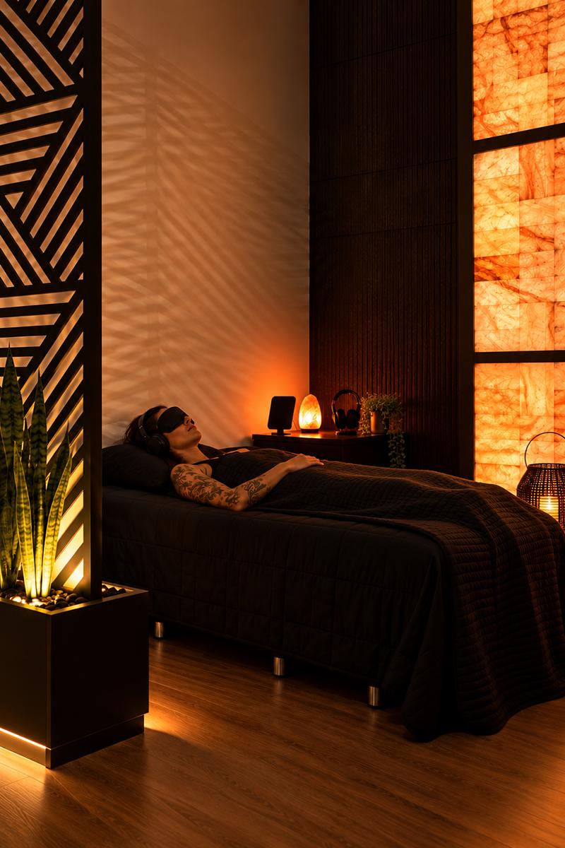 Woman experiencing vibroacoustic therapy with BrainTap at Apela Wellness in South Lake Tahoe.