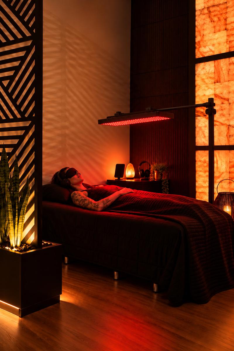 Woman experiencing vibroacoustic therapy with BrainTap at Apela Wellness in South Lake Tahoe.